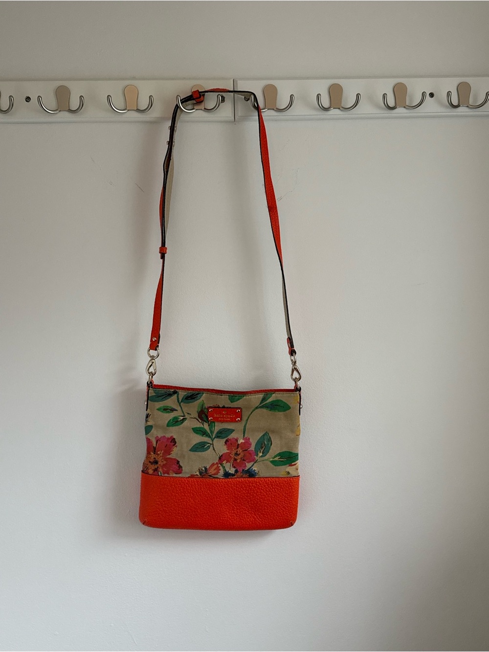 Floral Canvas Crossbody Bag with Orange Leather Trim
